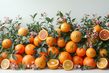 A cascade of citrus fruits tumbling from laden branches, their vibrant colors a testament to the richness of the harvest. Concept of citrus grove abundance. Generative Ai.