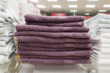 A stack of new towels. Bath accessories. Textile industry. Retail trade