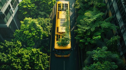 Sustainable city bus running on biofuel amidst verdant surroundings, promoting eco-friendly transport solutions. Great for green transport and environmental campaigns. Sustainable carbon reduction