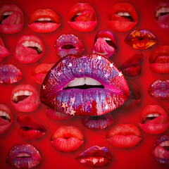 Lips and mouth. Female lip in red background. Woman lips.