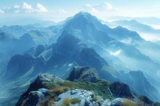 A timeless mountain range stretching to the horizon, its rugged peaks a symbol of enduring strength and stability. Concept of geological permanence. Generative Ai.