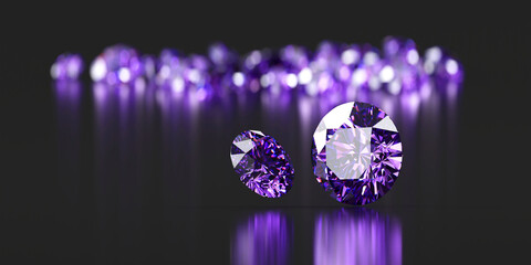 Amethyst purple diamonds group placed on glossy background 3d Rendering Soft Focus	
