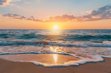 Fototapeta premium Colorful Sunset Over Sea with Waves on Sandy Beach