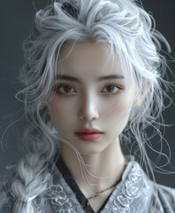 4k photo, a portrait of japanese girl, white hair 