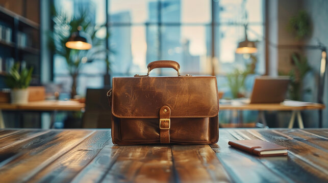 a laptop and notepad in a briefcase on a conference room table represent a professional corporate setting against a clean background
