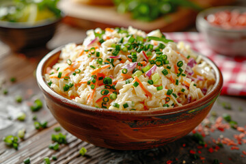 Homemade creamy coleslaw in a rustic bowl garnished with green onions, perfect for restaurant menus and culinary guides.