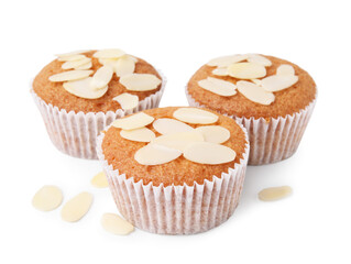 Muffins with fresh almond flakes isolated on white
