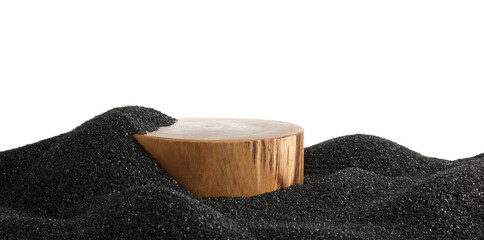 Presentation of product. Wooden podium on black sand against white background