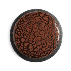 Delicious chocolate truffle cake isolated on white, top view