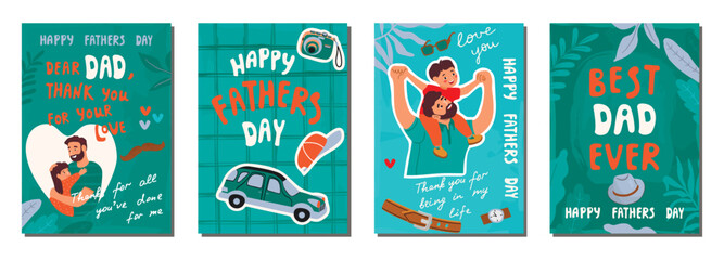 Fathers Day cartoon postcard collection.Set of  illustrations with dad and children.Backgrounds with car, lettering, hat, mustache, watch, belt,camera.Vector design with happy family and men's items.