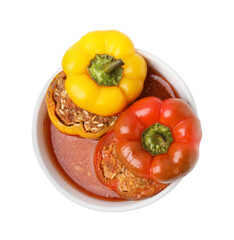 Delicious stuffed bell peppers isolated on white, top view