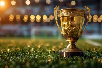Golden trophy gleams on the field under stadium lights, celebrating a triumphant soccer victory. Iconic symbol of achievement in sports.







