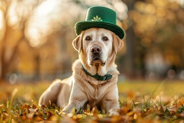 Labrador breed dog wearing festive green hat posing outdoor in park. St. Patrick day celebration. 