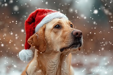 Labrador breed dog wearing festive red Santa hat posing outdoor in snowy park decorated for holidays . Christmas celebration. Bright warm colours.