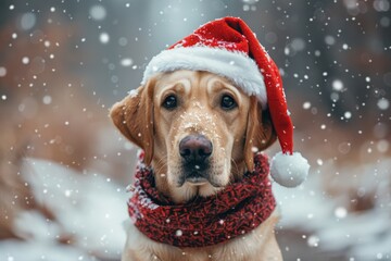 Labrador breed dog wearing festive red Santa hat posing outdoor in snowy park decorated for...