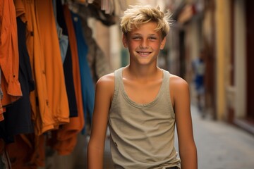 A young boy is smiling and wearing a tank top