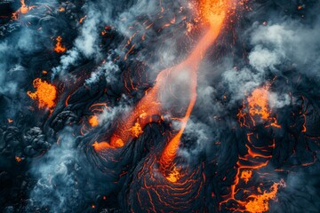 Hot orange lava erupts on the surface, accompanied by billowing smoke, depicting a natural disaster of immense power and intensity.






