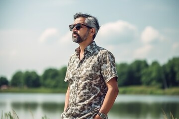 Fototapeta premium A man wearing a camo shirt stands by a lake