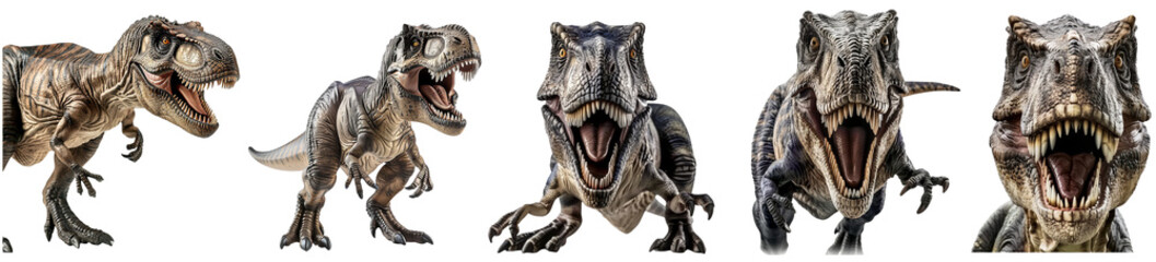 Set of T-rex dinosaur tyrannosaurus rex portrait front view head shot isolated cutout on transparent background.