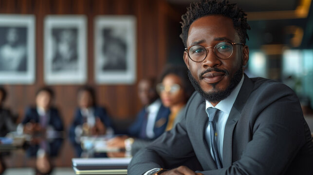 an experienced black entrepreneur guiding a diverse group of young professionals in a modern boardroom with motivational quotes, tech gadgets, focusing on leadership development