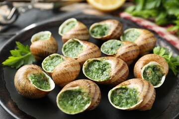Delicious cooked snails with parsley on table, closeup