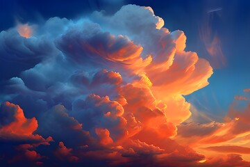 vivid orange and cool blue tones dominate a dramatic cloudscape cumulonimbus clouds rising high 