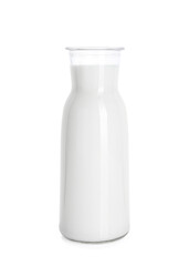Glass carafe of fresh milk isolated on white