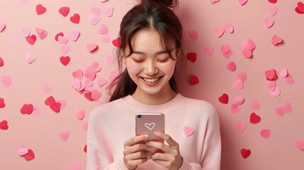 a girl using smart phone with mini heart icon within circle coming out of it. 