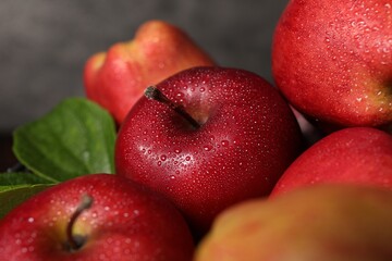 Fresh ripe red apples with water drops on grey background, closeup
