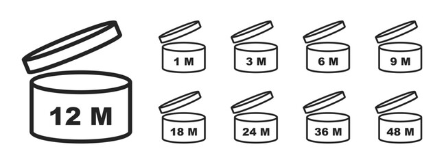 PAO symbols set. Period after opening. Expiration period in months for cosmetic packaging. Round box with open cap with useful lifetime after package is opened sign. Expiry labels. Vector.