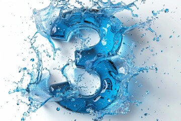 3D rendering of a number 3 made of blue water with splashes, standing out against a white background.
