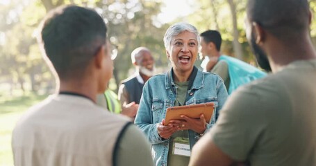 Donation, tablet or mature woman with team in forest for thank you, conversation or charity gratitude. Earth day, ngo or manager with digital, app or checklist for community service volunteer sign up