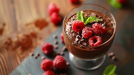Delicious vegan chocolate avocado mousse with fresh raspberries and mint presentation