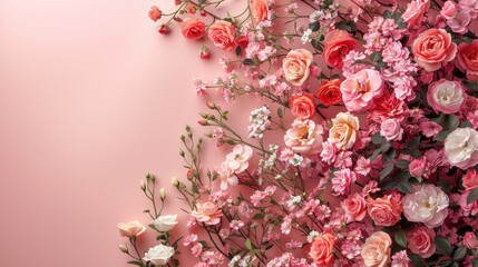 Beautiful composition spring flowers. Bouquet of rose flowers on pastel pink background. extra Space for text. 