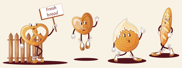 A set of funny characters of buns, bread, pastries with groovy style. Pretzel, donut, baguette, bun, meringue roll.