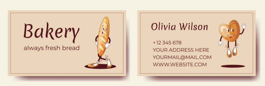 The design of a business card for a bakery with the characters of a baguette and a bun.Whimsical bread and baguette cartoon mascots on custom bakery business cards.