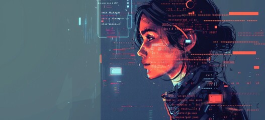 A young girl is looking at a screen with a futuristic interface She is wearing a headset and there are binary codes around her. AIGZ01
