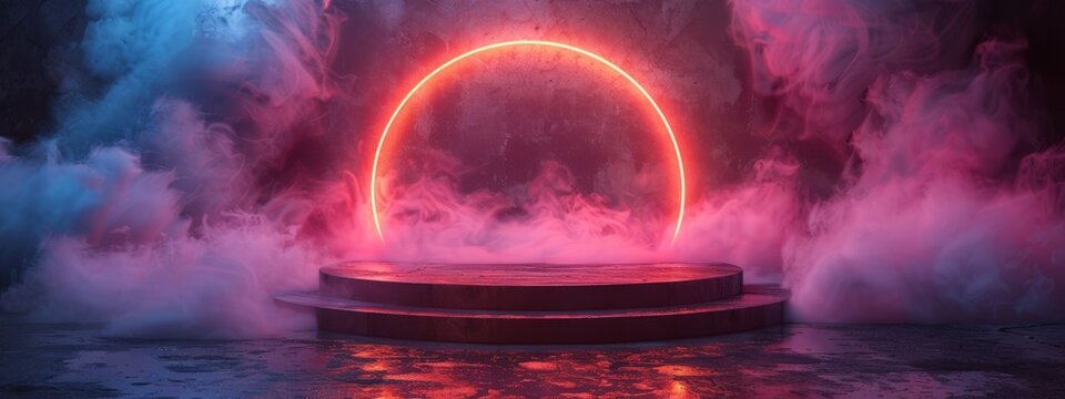 Futuristic neon podium with vibrant pink and blue lights enveloped in atmospheric smoke