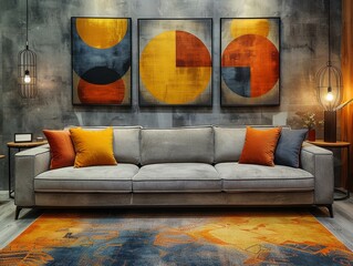 Stylish living room with modern abstract art and elegant furnishings