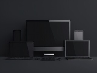 Device screen mockup. Smartphone, tablet, laptop and monoblock monitor