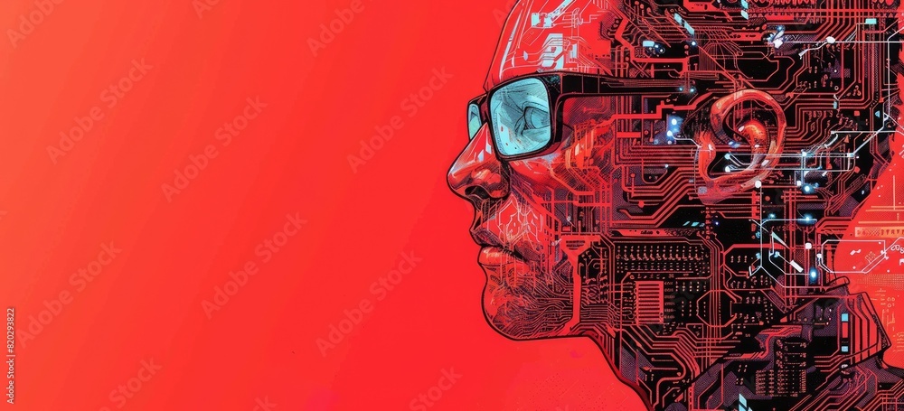 Poster the image shows a man with glasses. his face is made up of red circuit boards. the background is red