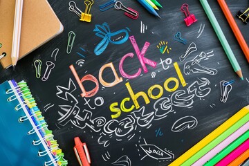 Colorful back to school phrase on chalkboard surrounded by school supplies