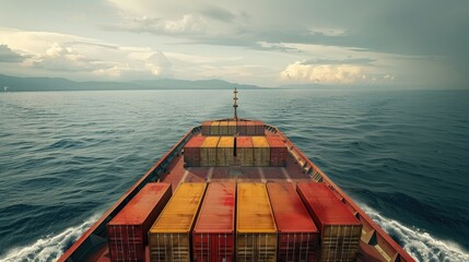 Panoramic front view of a cargo ship carrying containers for import and export, business logistic and transportation in open sea realistic