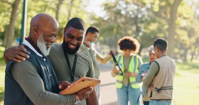 Park, people or volunteers on tablet for support, community project or plastic for nature sustainability. Humanitarian, recycling or happy senior leader on charity service or NGO checklist online