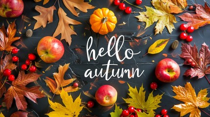 a beautiful inscription in bright, colorful autumn "hello, autumn" on the background of the autumn landscape. Autumn background. Autumn wallpaper