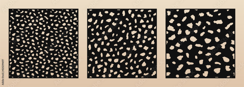 Aufkleber Decorative stencils for laser cutting. Vector panels set with leopard skin texture, abstract pattern, spots. Trendy ornament. Template for cnc cut of wood, metal, paper, plywood. Aspect ratio 1:1