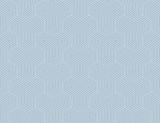Modern minimalist vector geometric seamless pattern with thin lines, hexagons, quirky stripes. Subtle light blue abstract background. Simple trendy linear texture. Repeated elegant minimal geo design