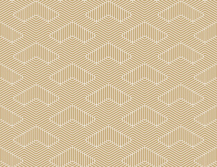 Golden abstract vector geometric seamless pattern. Modern minimal texture with quirky lines, stripes, arrows, hexagonal grid. Trendy linear minimalist background. Luxury gold repeated geo design