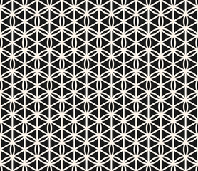 Black and white minimal vector geometric seamless pattern with curved lines, hexagons, triangles, circles, lattice. Abstract monochrome background. Simple texture in oriental style. Repeating design