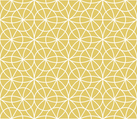 Luxury golden vector geometric seamless pattern with floral silhouettes, curved lines, hexagons, triangles, circles, lattice, grid. Abstract minimal gold linear background. Oriental style ornament